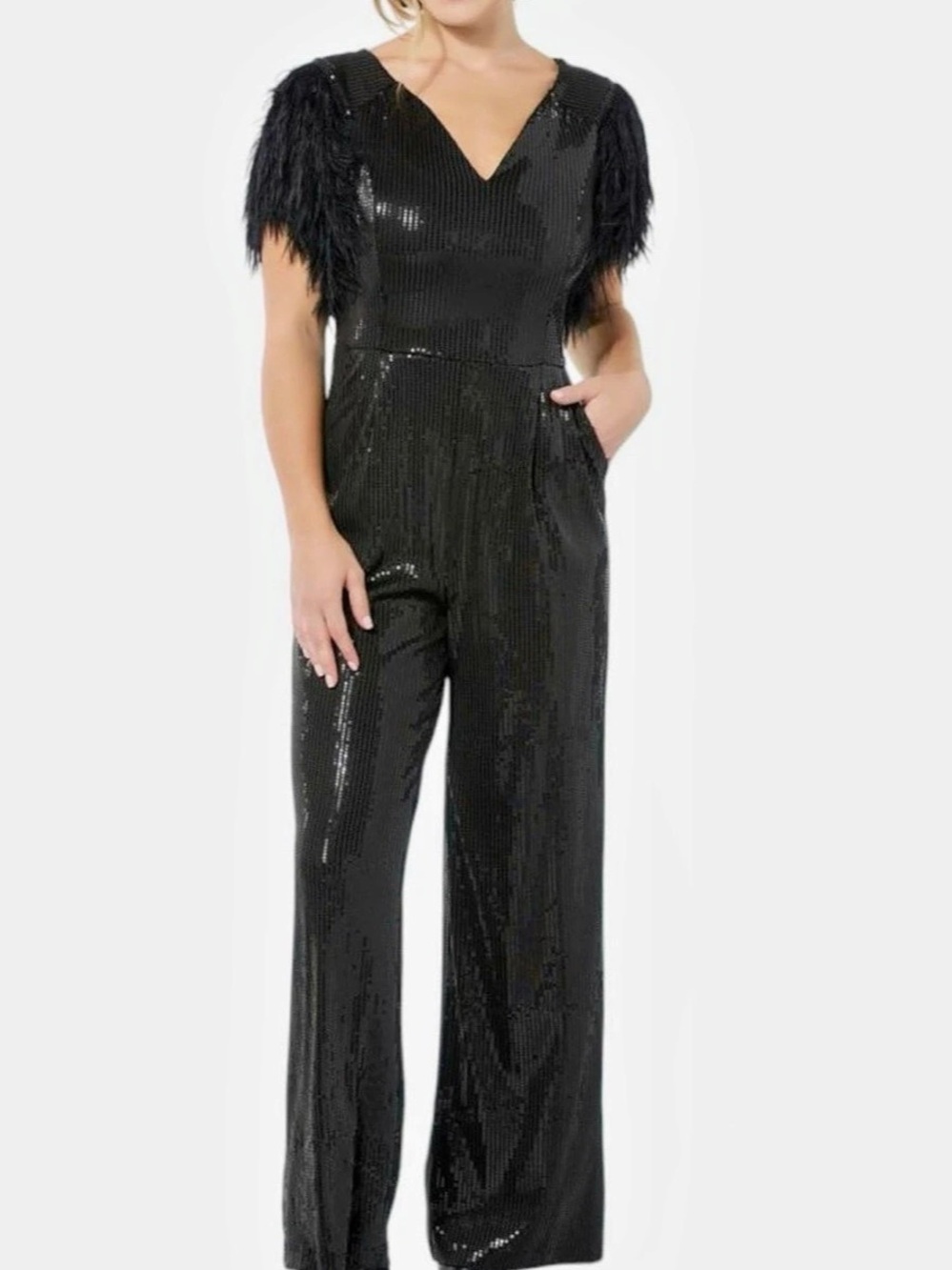 Curations x Nicole Mclaughlin Sequin Feather Sleeve Jumpsuit Feather Sleeve Size